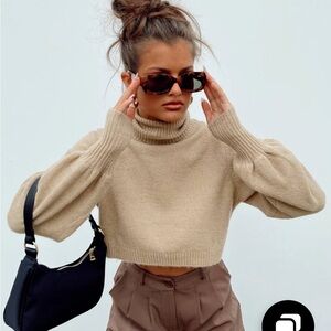 Zahara Cropped Beige Turtleneck Sweater